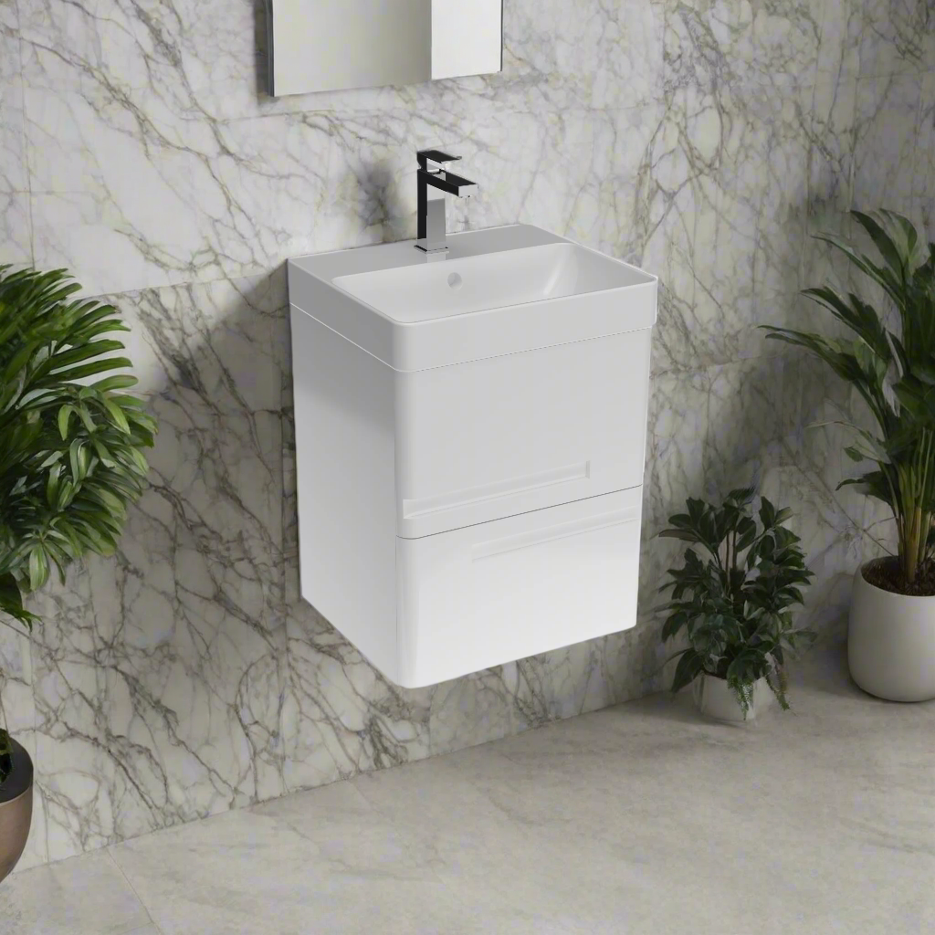 Wall Hung 2-Drawer 450mm Vanity Unit with Basin - White or Grey - Wallace - The Bathroom Quarter