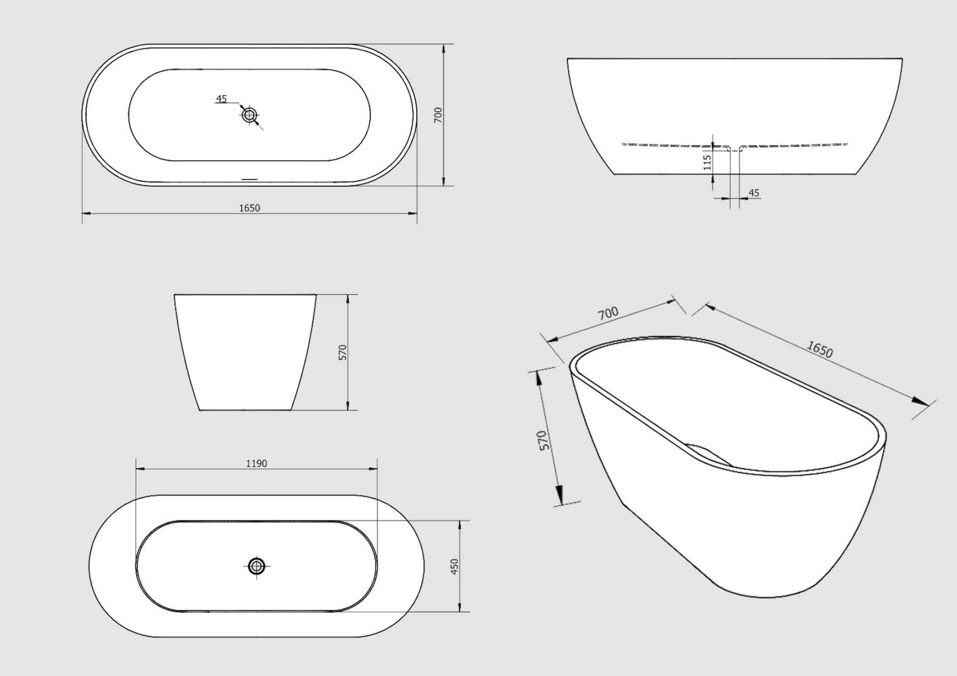 Freestanding 1650mm Oval Bathtub - White Interior Matt Black Exterior - The Bathroom Quarter