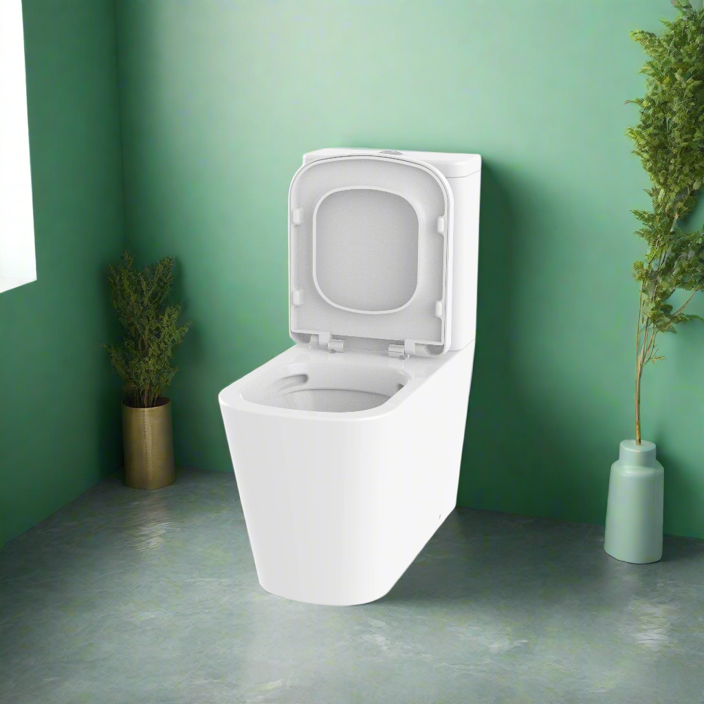 Rimless Close Coupled WC Pan, Cistern, Seat, Back to Wall Set - WRAS Approved - Unique Square Design - Holme