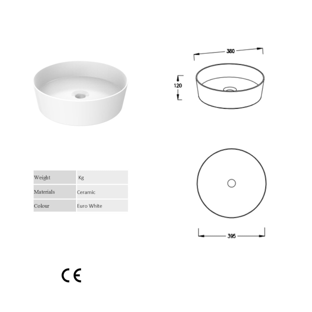 Round Vessel 395mm Counter Top Basin