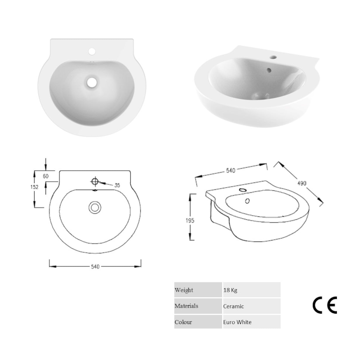 Semi Recessed Basin Sink - 540mm