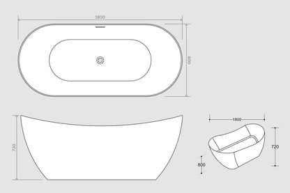 Freestanding 800 x 1800mm Oval Boat Bath in White -  Barford