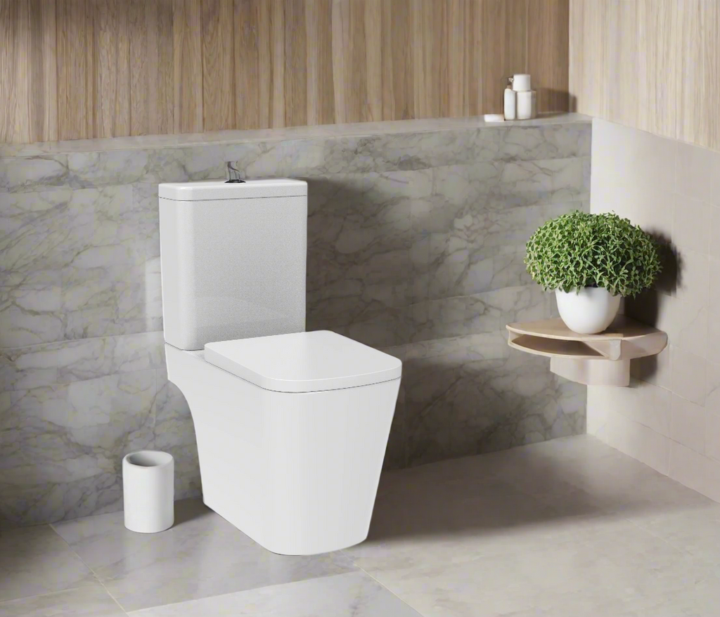 Rimless Close Coupled WC Pan, Cistern, Seat, Open Back Set - WRAS Approved - Unique Square Design - Holme - The Bathroom Quarter