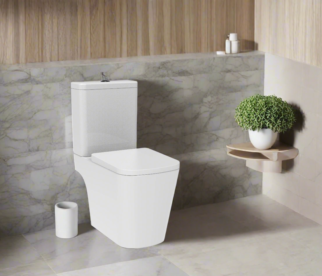 Rimless Close Coupled WC Pan, Cistern, Seat, Open Back Set - WRAS Approved - Unique Square Design - Holme