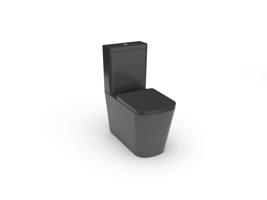 Rimless Close Coupled Black WC Pan, Cistern, Seat, Back to Wall Set