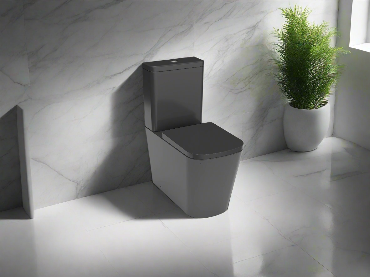 Rimless Close Coupled Black WC Pan, Cistern, Seat, Back to Wall Set - WRAS Approved - Unique Square Design - Holme