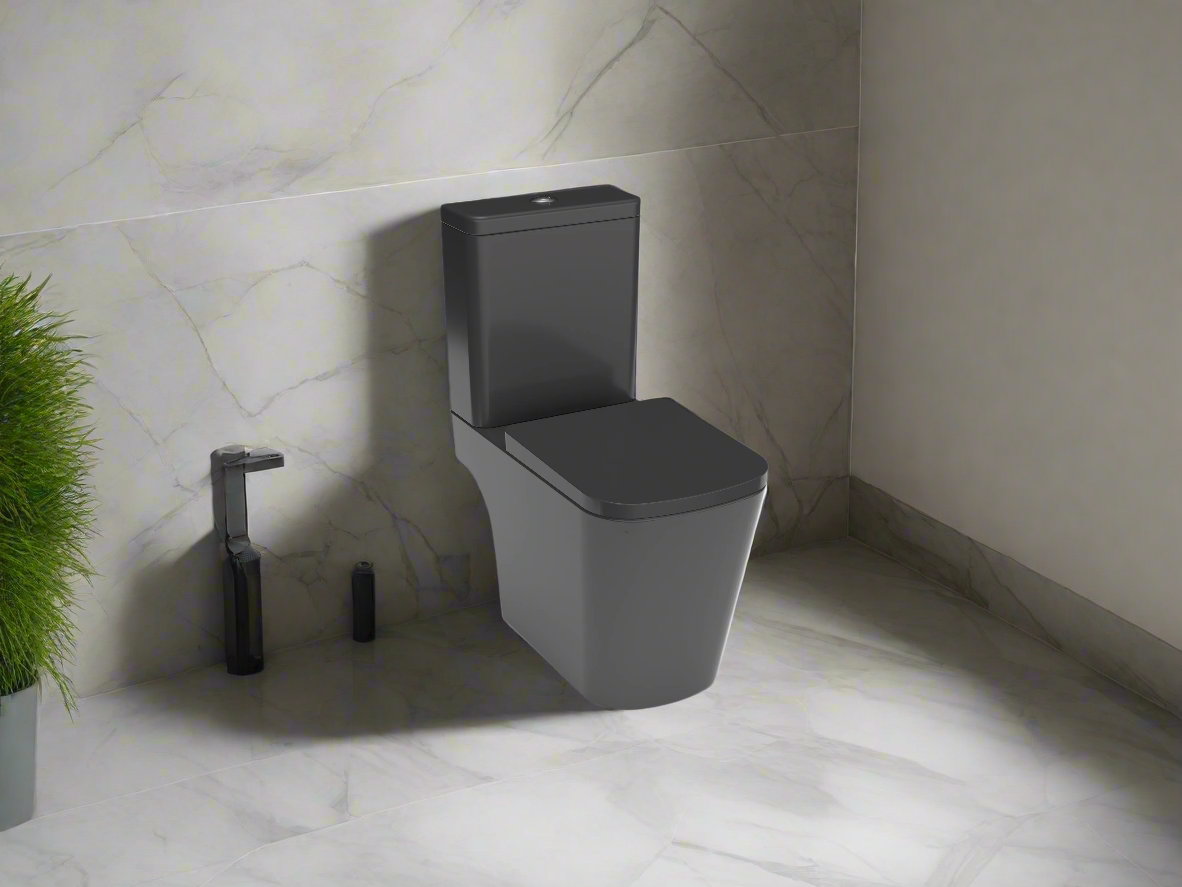 Rimless Close Coupled Black WC Pan, Cistern, Seat, Open Back Set - WRAS Approved - Unique Square Design - Holme