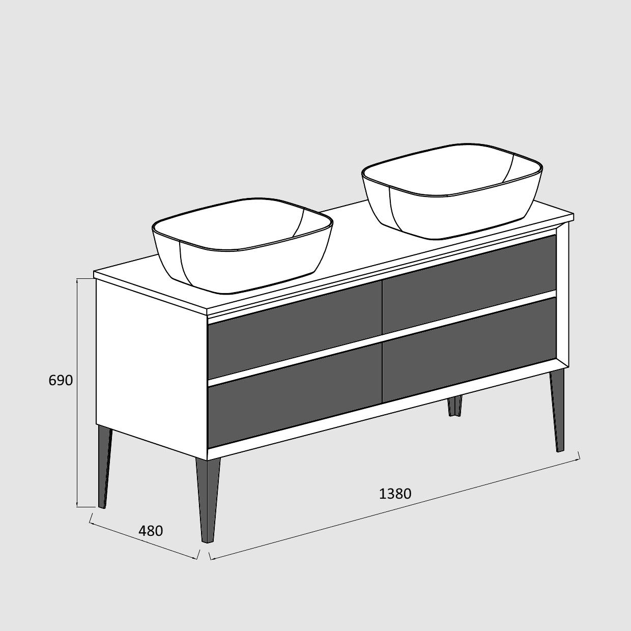 Wall Hung / Freestanding Bathroom  Dual Basin Vanity Unit - 1380mm - Copenhagen Aurora