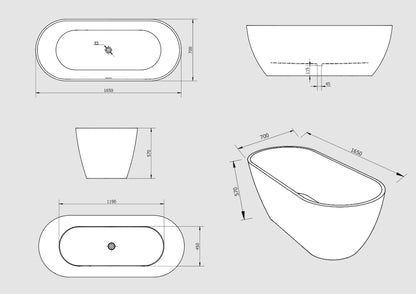 Freestanding 1650mm Oval Bath in White